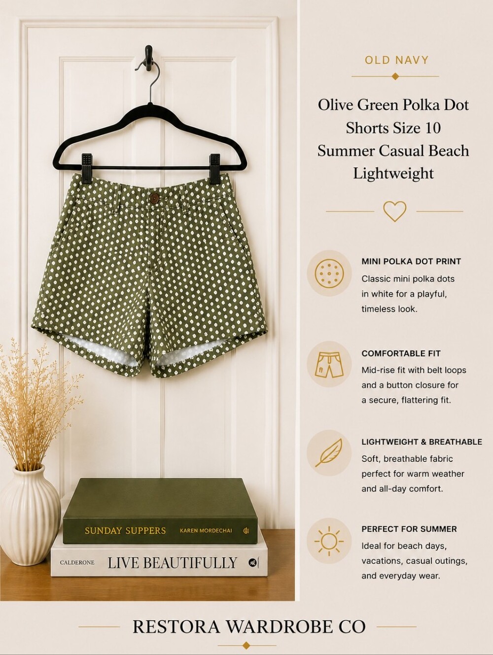Old Navy Olive Green Polka Dot Shorts Size 10 | Summer Casual Beach Lightweight